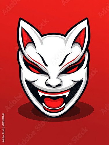 Japanese Kitsune Mask Vector Illustration - A fierce yet elegant white kitsune mask, symbolizing mystery, power, cunning, transformation, and Japanese folklore. photo