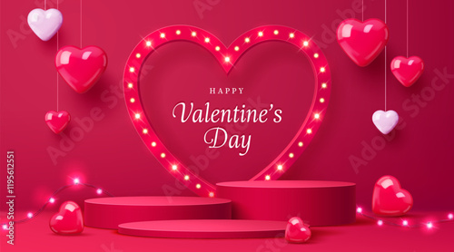 Valentine day podium stage with hearts on platform pedestal, vector background. Happy Valentine Day greeting card with pink podium and neon lights frame in heart shape for love holiday decoration