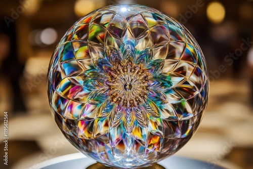 A clear glass sphere refracting light into an intricate kaleidoscope of colors