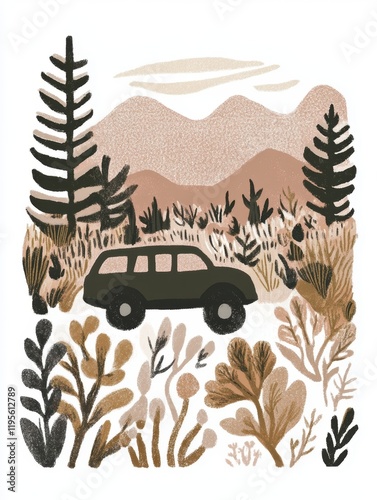 Nature exploration vehicle driving through a mountainous landscape adorned with diverse vegetation photo