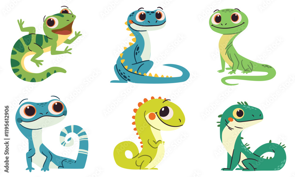 Obraz premium Set of flat vector illustrations in simple child style on white background. Cute lizards with big eyes. Vector illustration
