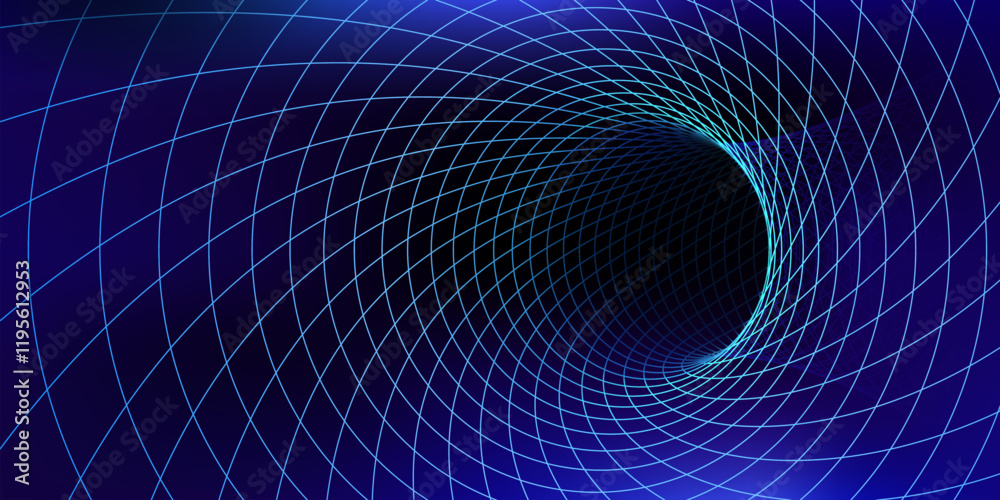 Time vortex tunnel with illuminated geometric glowing grid lines indicating a journey through time and space. Vector dynamic abstract wireframe wormhole creates a sense of infinite depth and motion