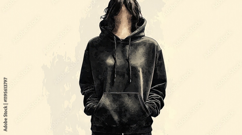 Woman in dark hoodie, head down, minimalist background.