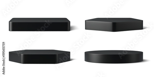 Realistic 3d isolated black podium stands. Vector pedestals for showcasing products, branding or advertising presentations. Isolated bases of hexagonal, pentagonal, circular or square geometric shapes