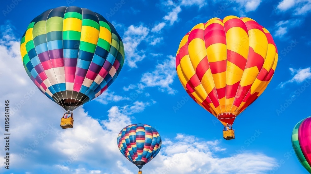 Obraz premium Colorful Hot Air Balloons Soaring Above Clouds - Vibrant hot air balloons ascend, symbolizing adventure, freedom, dreams, exploration, and joy against a bright blue sky.