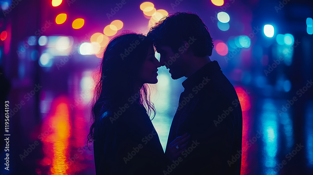 Silhouette of Couple Sharing an Intimate Moment Against a Vibrant City Nightscape Silhouette of Couple Sharing an Intimate Moment Against a Vibrant City Nightscape