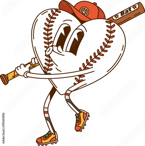 Cartoon groovy baseball heart character in cap and sneakers, swinging a wooden bat exuding quirky vibe. Vector sports gear retro personage exudes positive, sporty vibe and love to sport on the field