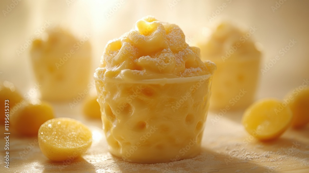 Creamy Yellow Dessert in Cup with Sweet Garnish Surrounded by Yellow Candies and Soft Lighting Creating Warm Atmosphere Creamy Yellow Dessert in Cup with Sweet Garnish Surrounded by Yellow Candies and Soft Lighting Creating Warm Atmosphere