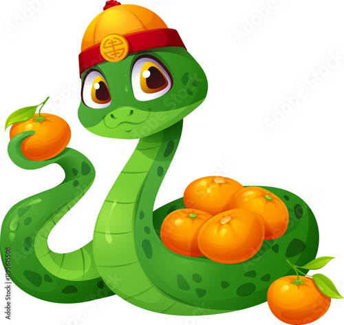 Asian horoscope cartoon snake character with Chinese New Year holiday mandarin oranges. Lunar calendar snake animal vector personage with asian holiday fruit gifts and oriental traditional hat