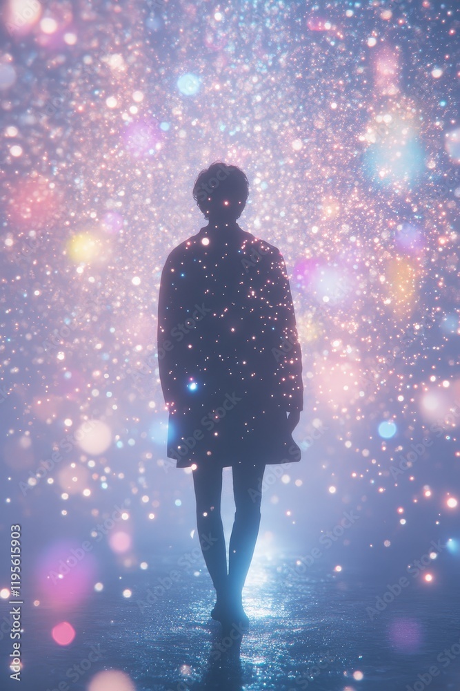 Naklejka premium Silhouette of Person in Dreamlike Sparkling Lights with Vibrant Bokeh Background