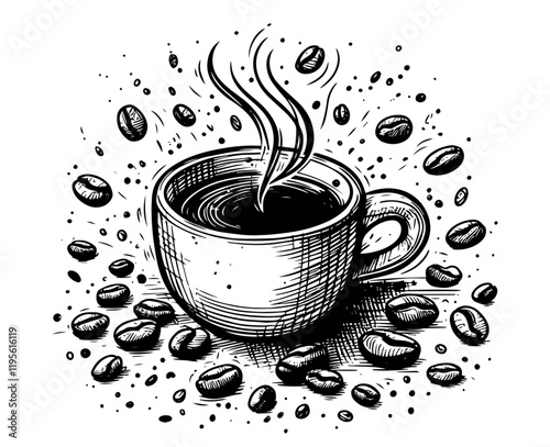 steaming coffee cup with scattered beans in black hand-drawn style