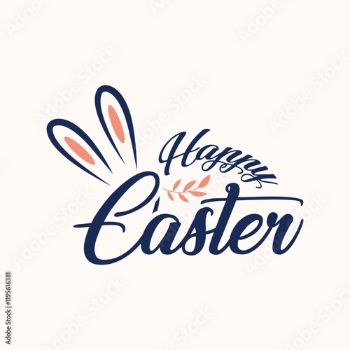 Happy Easter text design. Happy Easter typography design with bunnies, eggs and flowers. Modern minimal style greetings card. Easter web header.