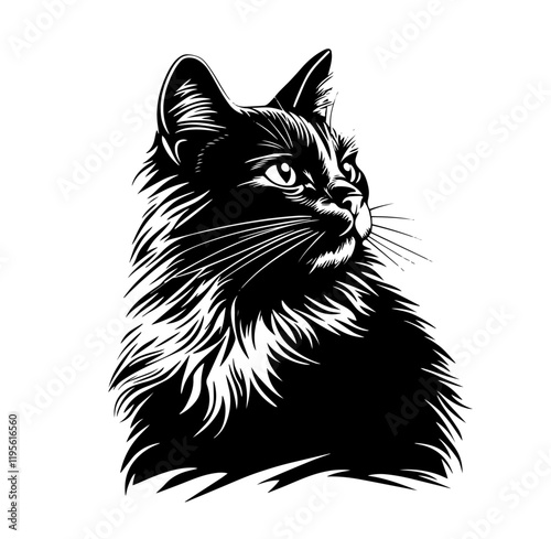 detailed black cat portrait in silhouette vector style