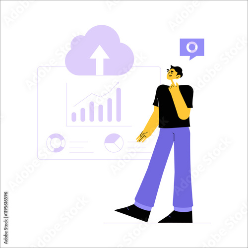Man Observing Cloud Analytics Dashboard In Flat Vector Illustration Symbolizing Cloud Computing, Data Storage, And Online Collaboration, Isolated On White Background.