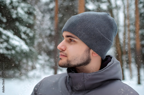 Profile of a bearded man wearing a beanie and winter jacket, enjoying a peaceful snowfall in a snowy forest photo