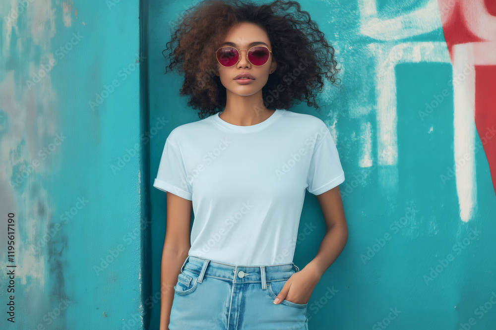 Fototapeta premium Stylish model showcasing a white t shirt against a vibrant turquoise urban backdrop, perfect for displaying minimalist designs