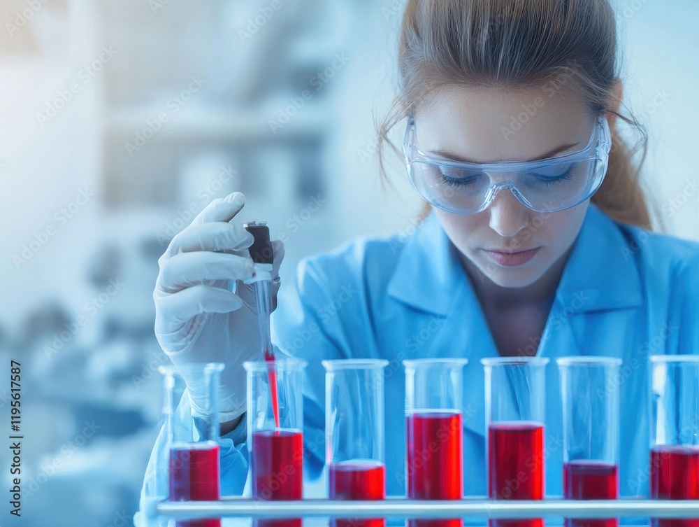 Female Scientist Conducting Experiment in Laboratory with Test Tubes and Red Liquid, Focused on Precision and Research in Modern Biomedical Environment Female Scientist Conducting Experiment in Laboratory with Test Tubes and Red Liquid, Focused on Precision and Research in Modern Biomedical Environment