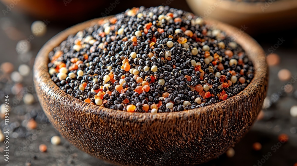 Wooden bowl filled with colorful poppy seeds. Wooden bowl filled with colorful poppy seeds.