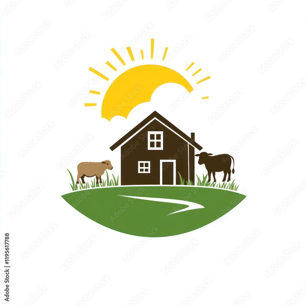 Sunny Farm House, Cows Grazing, Rural Landscape, Logo Design Sunny Farm House, Cows Grazing, Rural Landscape, Logo Design