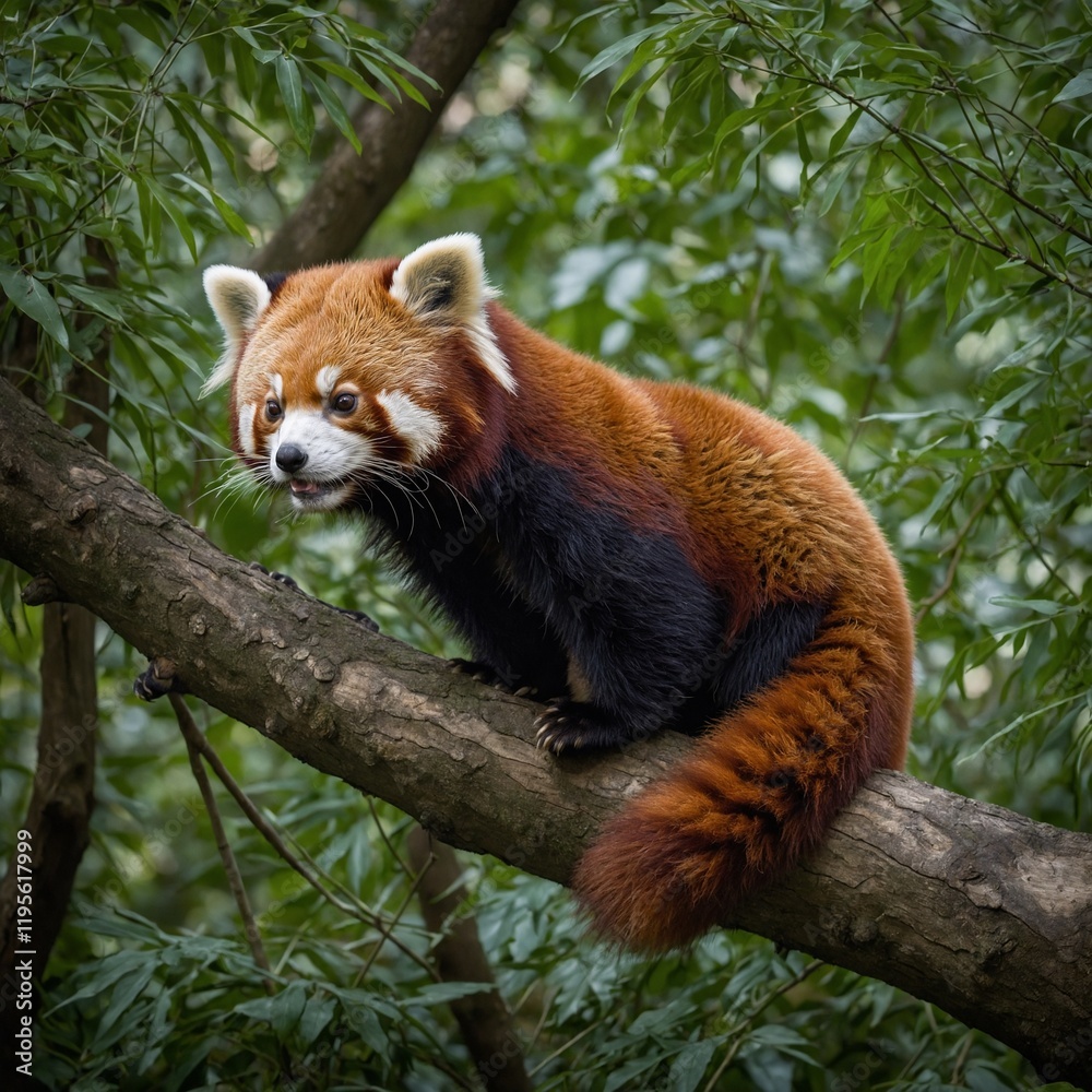 Naklejka premium Red Panda Climbing A Tree . Closeup shot of a red panda on a fir tree in the wild. Panda ruda w naturalnym środowisku. 