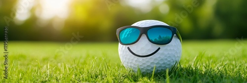Happy Golf Ball Sunglasses Summer Fun - Smiling golf ball in sunglasses rests on a lush green grass, symbolizing joy, leisure, summer, sport, and relaxation.