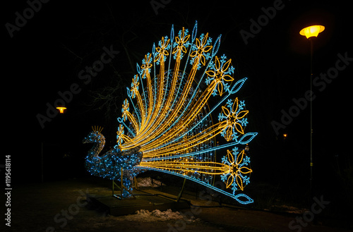 Beautiful illuminated winter park. Christmas lights and decorations in Oliwa park in Gdansk photo