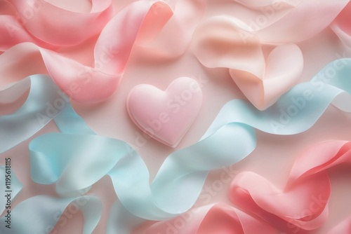 Pink heart surrounded by pastel colored ribbons creating a romantic valentine's day atmosphere