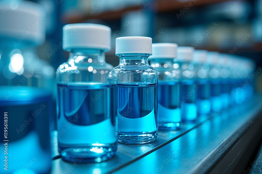 Glass bottles filled with blue liquid on a conveyor belt in a factory setting, possibly for pharmaceutical or chemical production. Glass bottles filled with blue liquid on a conveyor belt in a factory setting, possibly for pharmaceutical or chemical production.