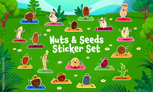 Cartoon nut characters on yoga fitness sport, stickers pack. Vector adorable seeds, grains, beans and pods practicing in yoga poses on mats in summer garden promote fitness, fun and healthy lifestyle