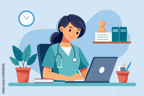 Young Female Nurse Working at Clinic Desk with Laptop and Documents. Young busy female nurse is concentrating on working.