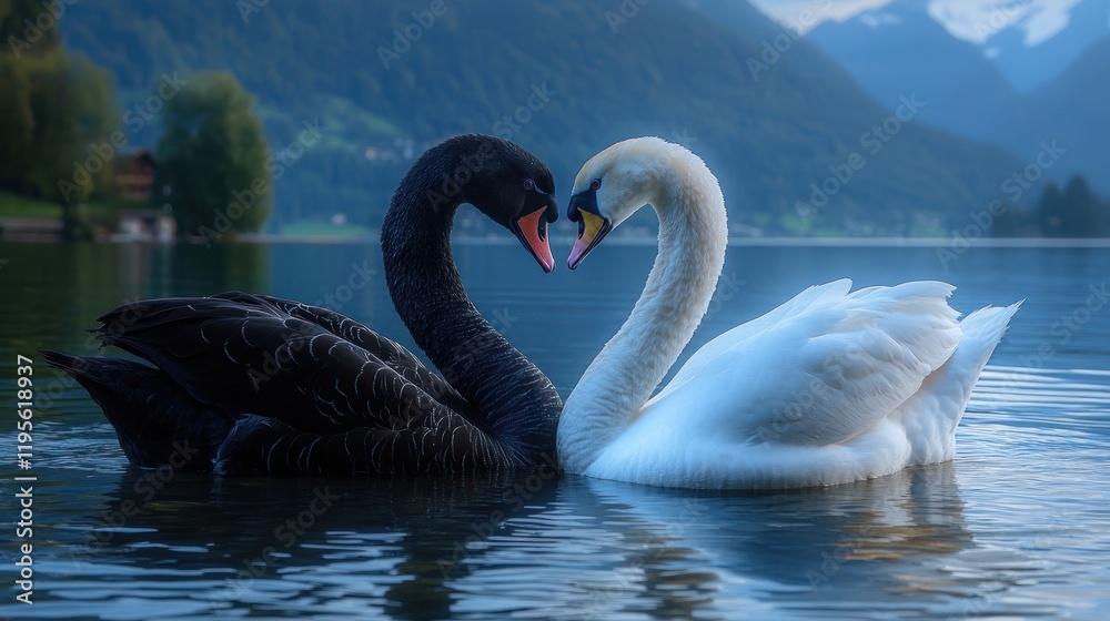 Fototapeta premium Swans forming heart, lake, mountains, dawn, romance