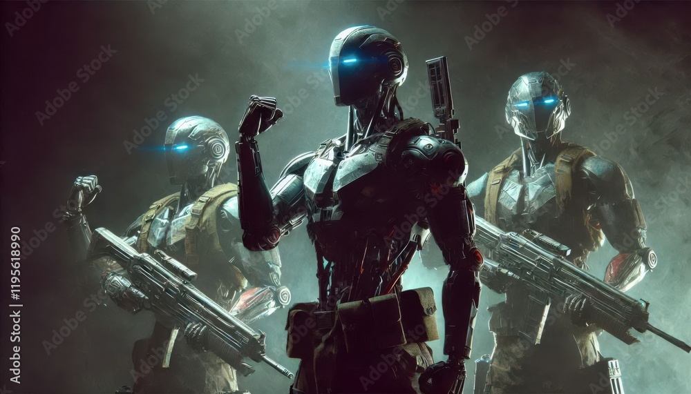 Fototapeta premium Modern army war cyborgs content created with generative AI software.