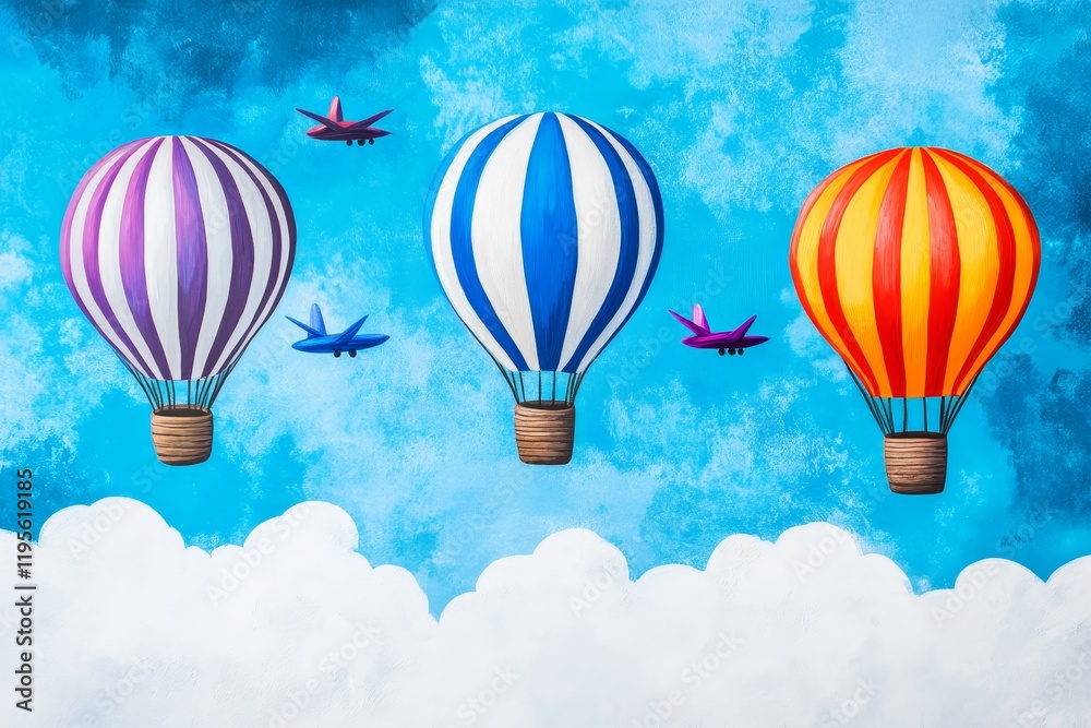 Naklejka premium Hot Air Balloons and Planes in Sky - Colorful hot air balloons and small airplanes float across a bright blue sky with fluffy white clouds. A cheerful, whimsical scene.