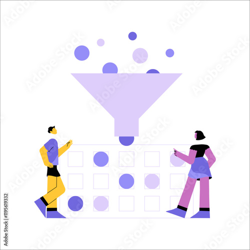Male And Female Characters Near Funnel In Flat Vector Illustration Symbolizing Data Filtering, Workflow, And Productivity, Isolated On White Background