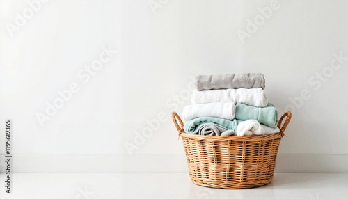 Neatly organized laundry basket filled with folded towels, spring cleaning