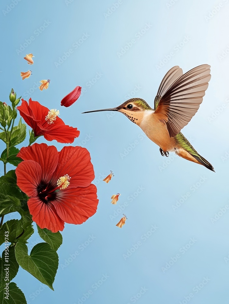 Naklejka premium Hummingbird and Hibiscus Blossoms - A hummingbird hovers near vibrant red hibiscus flowers, with tiny insects fluttering nearby against a clear blue sky.