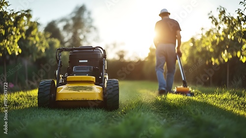 Yellow Lawn Mower in Golden Hour: Serene Landscaping Scene