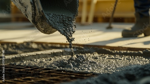 A close-up of a construction worker pouring concrete into a foundation mold, Concrete pouring scene, Foundation setting style