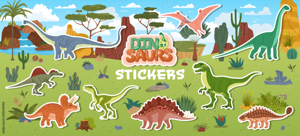 Fototapeta Prehistoric dinosaur and reptile characters stickers pack. Vector adhesive patches feature dino animals in a tropical landscape with palm trees, waterfall, rocks and lush vegetation of Jurassic world