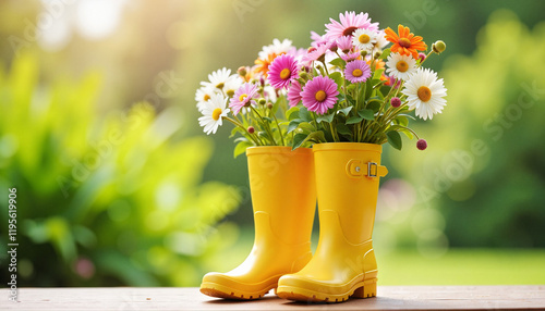 Bright rain boots filled with flowers in a garden, spring cheer