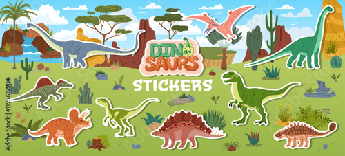 Prehistoric dinosaur and reptile characters stickers pack. Vector adhesive patches feature dino animals in a tropical landscape with palm trees, waterfall, rocks and lush vegetation of Jurassic world
