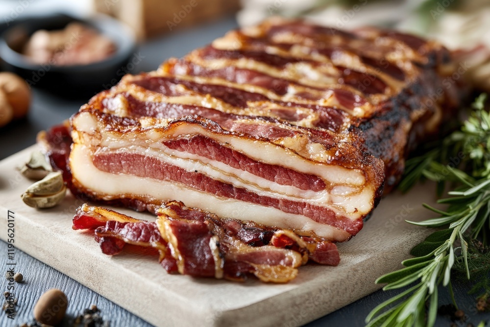 Sliced Grilled Bacon on Wooden Board Sliced Grilled Bacon on Wooden Board