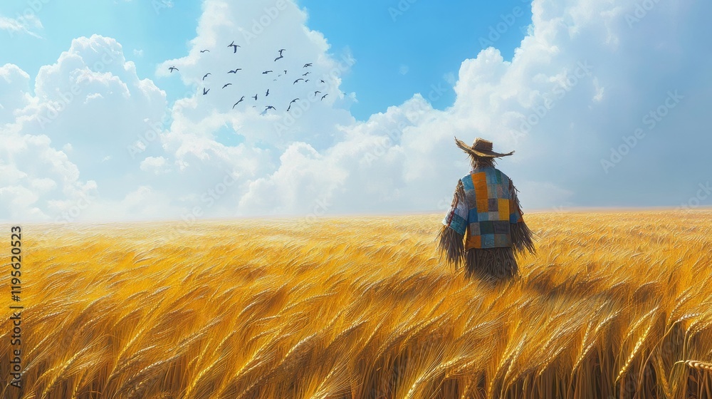 Obraz premium A vast, golden wheat field stretching into the horizon, gently swaying in the wind. A lone scarecrow stands in the middle, dressed in a patchwork outfit. The sky above is a brilliant blue with fluffy