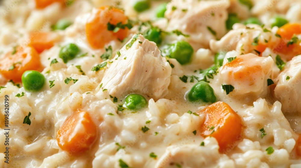 Close-up of rice with comforting chicken pot pie filling. Featuring chicken, carrots, and peas in a creamy sauce, served over rice. Emphasizing a classic, comforting dish. Ideal for pot pie recipes. Close-up of rice with comforting chicken pot pie filling. Featuring chicken, carrots, and peas in a creamy sauce, served over rice. Emphasizing a classic, comforting dish. Ideal for pot pie recipes.