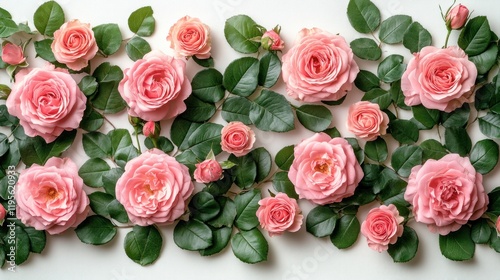 A vibrant arrangement of pink roses and green leaves on a white background, perfect for floral design