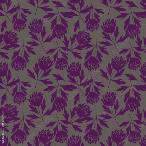 Floral pattern. Seamless background with different kinds of fabulous flowers, herbs, leaves on dark background. Beautiful Botanical texture, fashion print in orange, red, green colors. Vector.