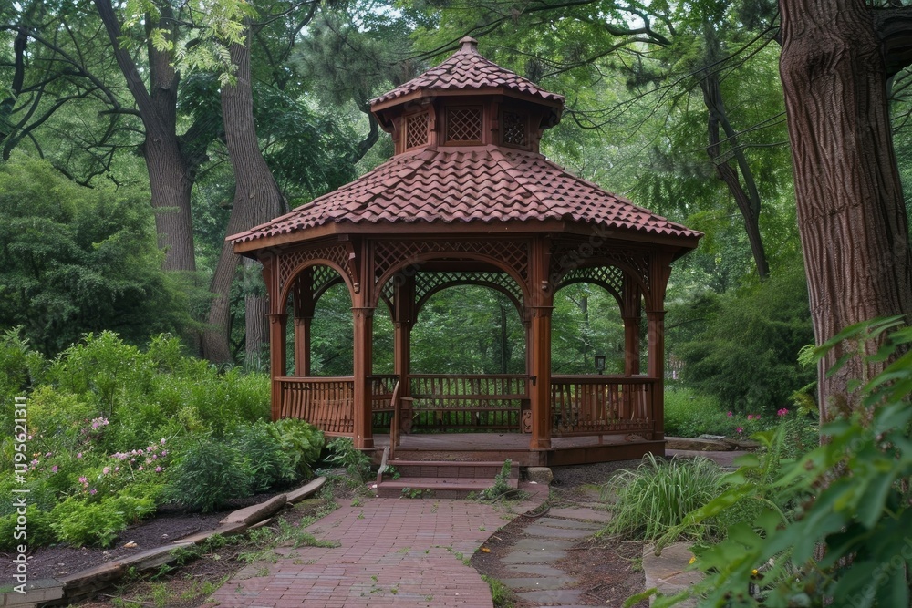 Peaceful sanctuary for rest and relaxation, the gazebo invites visitors to enjoy the beauty of nature Peaceful sanctuary for rest and relaxation, the gazebo invites visitors to enjoy the beauty of nature