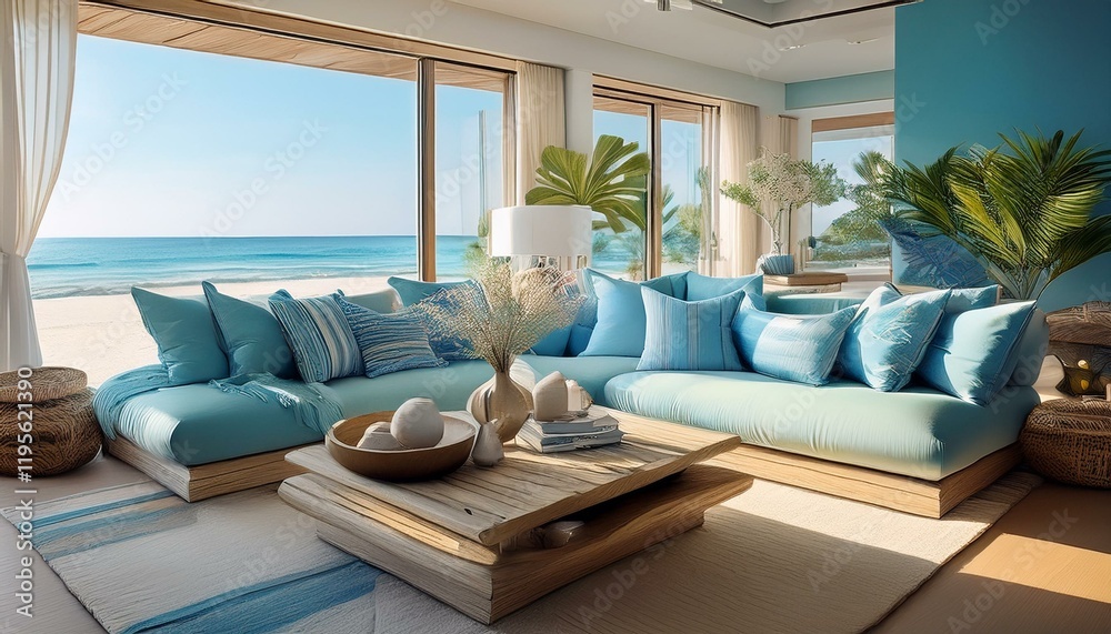 Fototapeta premium interior design of a coastal inspired living room with cozy sofa pillows coffee table and big windows modern and luxurious living room in beach color theme generative ai