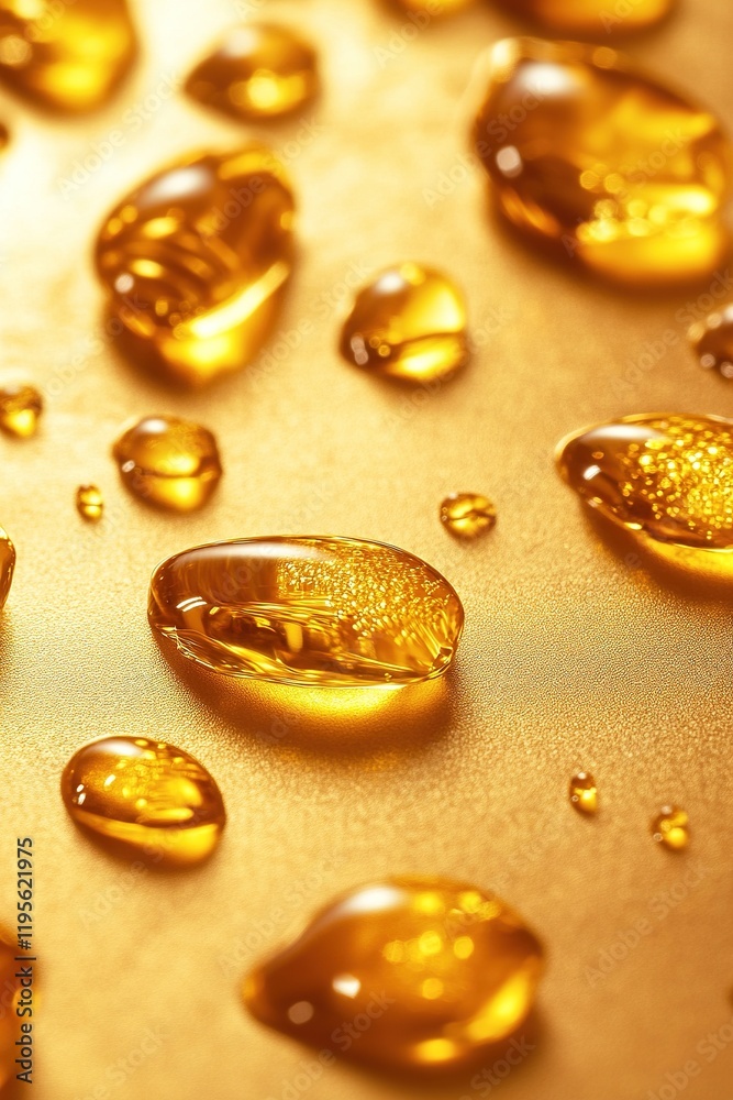 Glossy honey drops are scattered across a polished gold-plated surface, exuding a premium look. The soft reflections of light create an inviting atmosphere, providing a spacious area suitable for text Glossy honey drops are scattered across a polished gold-plated surface, exuding a premium look. The soft reflections of light create an inviting atmosphere, providing a spacious area suitable for text