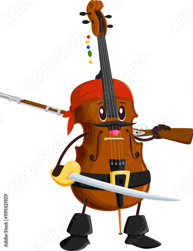 Cartoon cello musical instrument pirate and corsair character with bandana, riffle gun and sword. Isolated vector playful mustached violoncello sailor personage combines music and maritime adventure